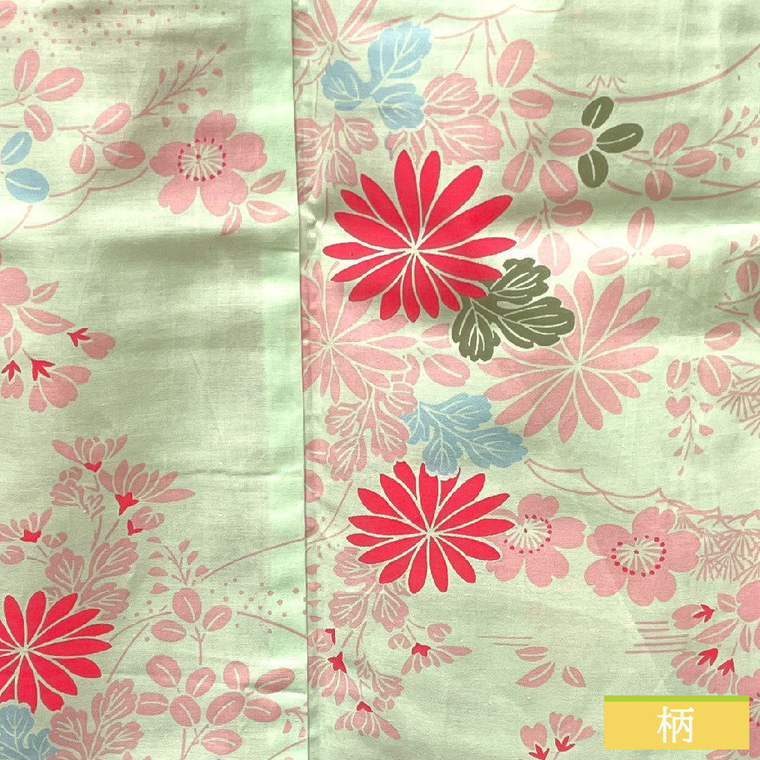 Yukata Cotton Length 168.5cm Sleeve length 64cm S rank Single layer Greenish white-green Chrysanthemum Cherry blossom Bush clover 1118004682519