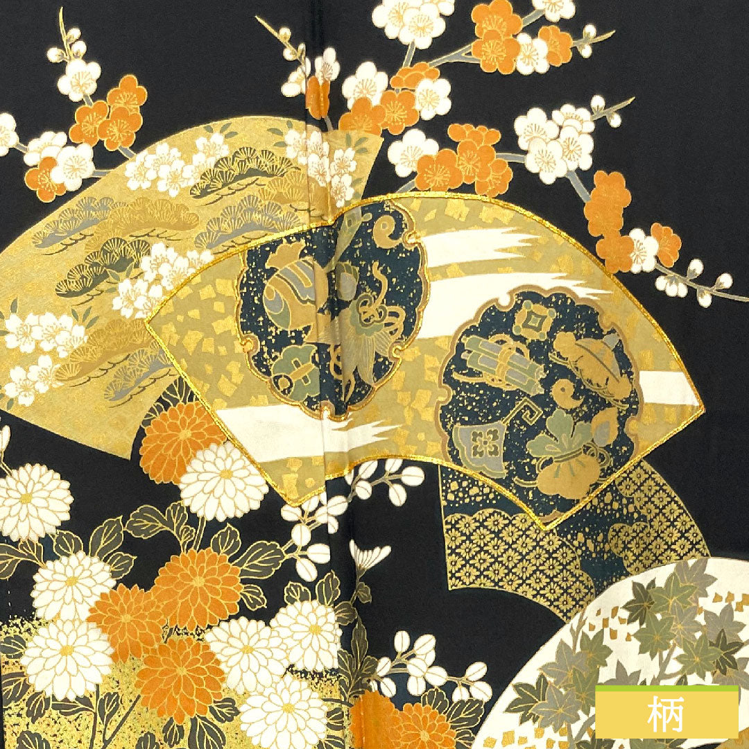 Black formal kimono, pure silk, length 161cm, sleeve length 67cm, lined, Kyoto Yuzen, auspicious pattern, five crests, S rank, five crests, black, 1111001272410