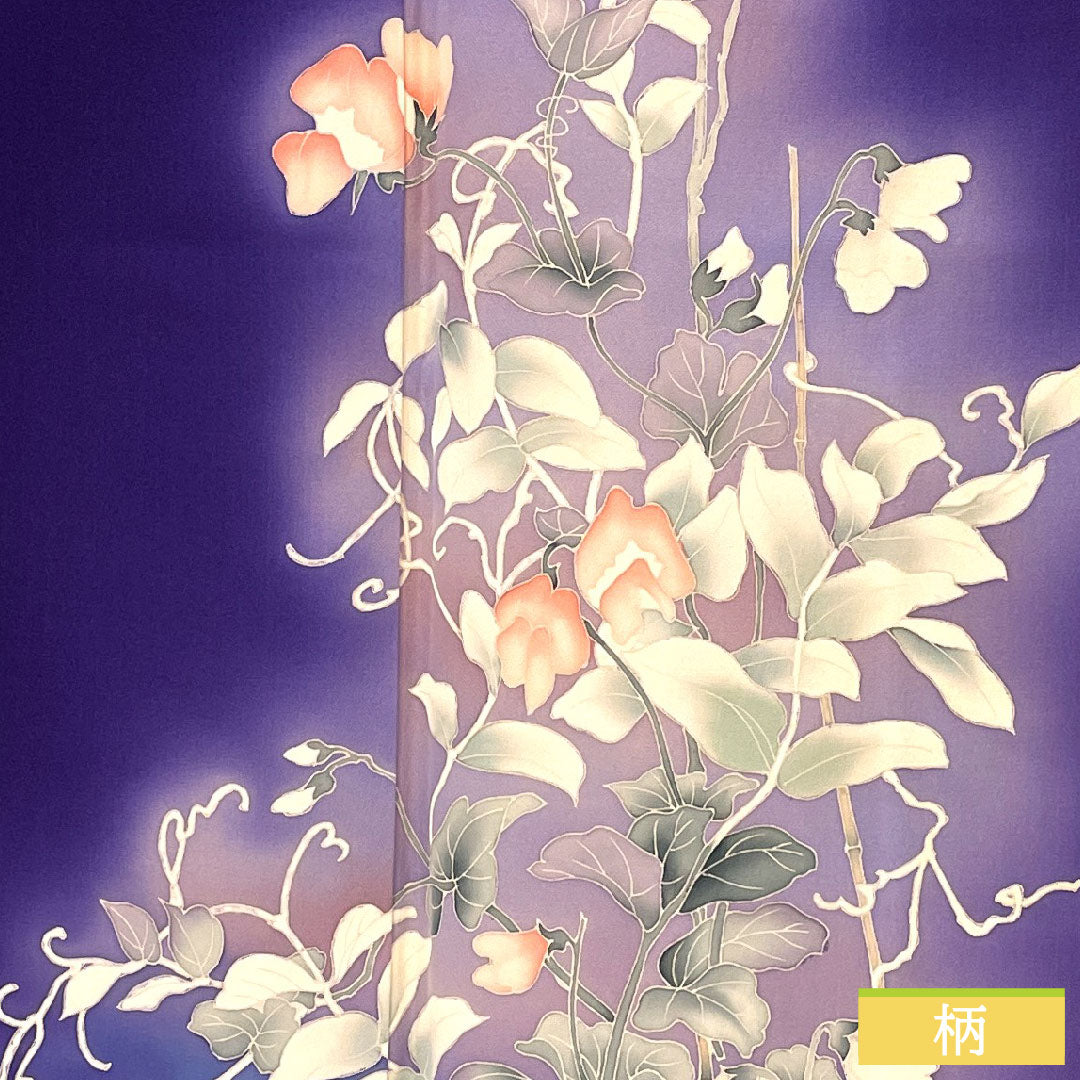 Homongi (formal kimono) made of pure silk, lined, length 160cm, sleeve length 62.5cm, violet, Kyoto Yuzen, floral pattern, A rank, purple, 1112005323420