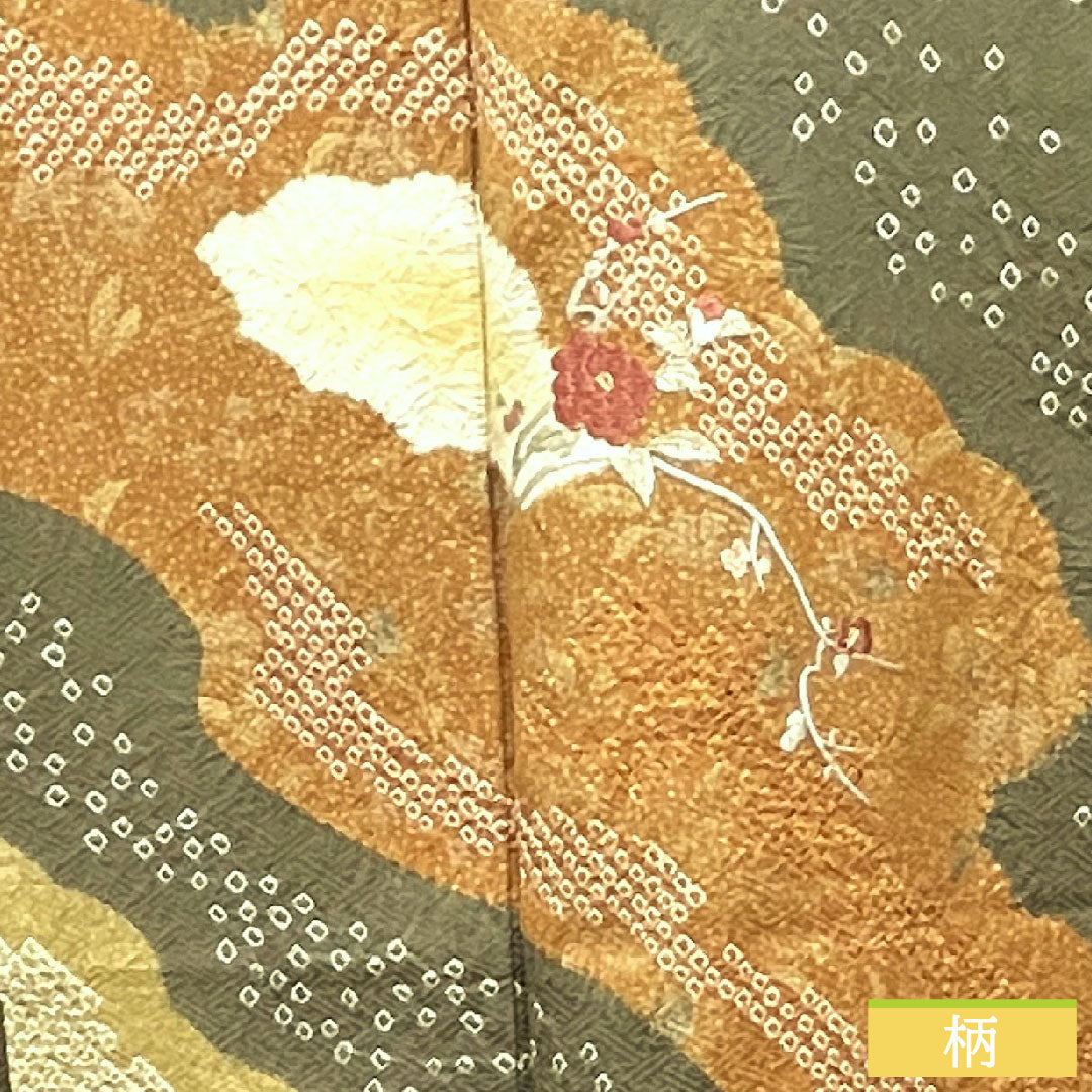 Homongi, pure silk, lined, length 162.5cm, sleeve length 66.5cm, sand color, embroidery, partial tie-dyeing, super bell guard, S rank, gray, 1112003632422