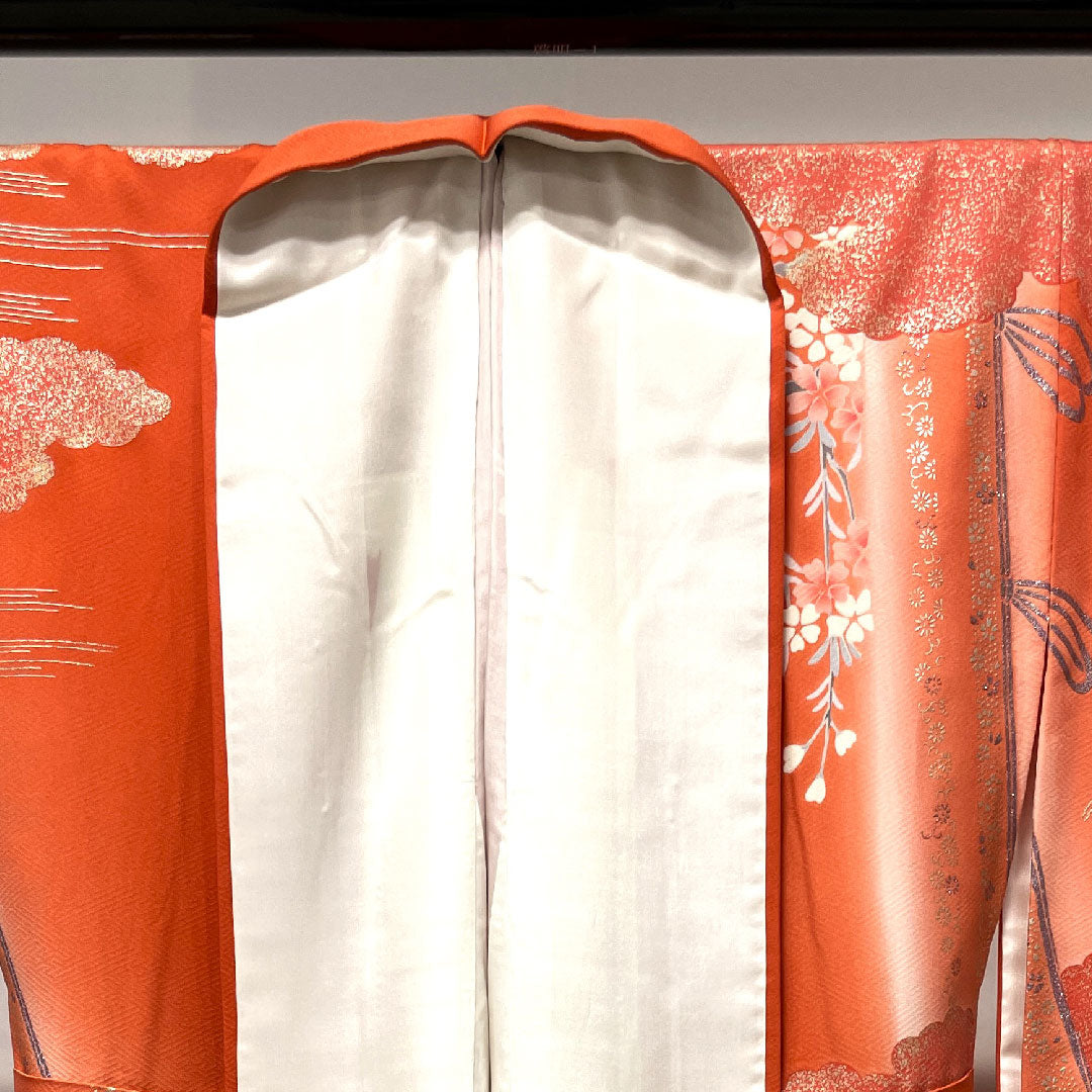 Long-sleeved kimono, length 166cm, sleeve length 63cm, lined, medium red, spear, floral pattern, pure silk, A rank, vermilion, 1113001463516