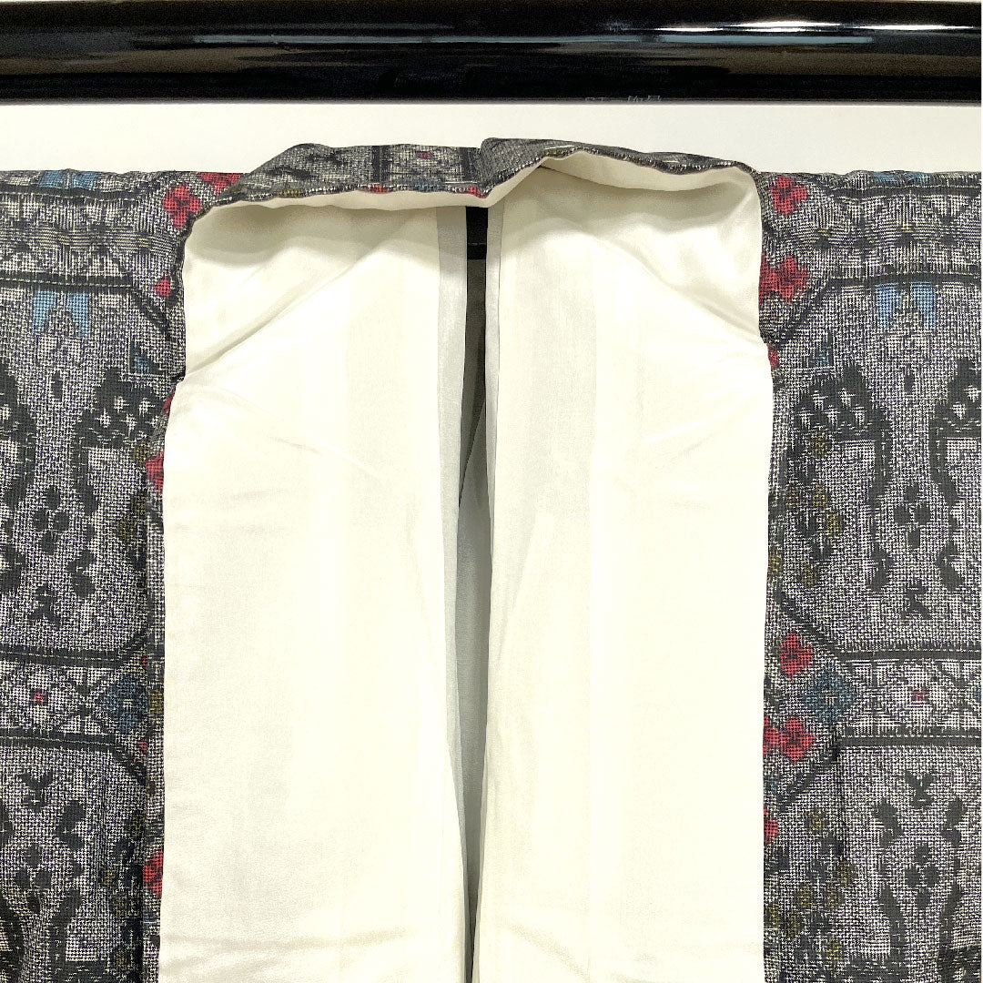 Murayama Oshima Length 155.5cm Sleeve length 60cm Greyish yellow green Geometric pattern Pure silk S rank Awase Grey 1116001752322