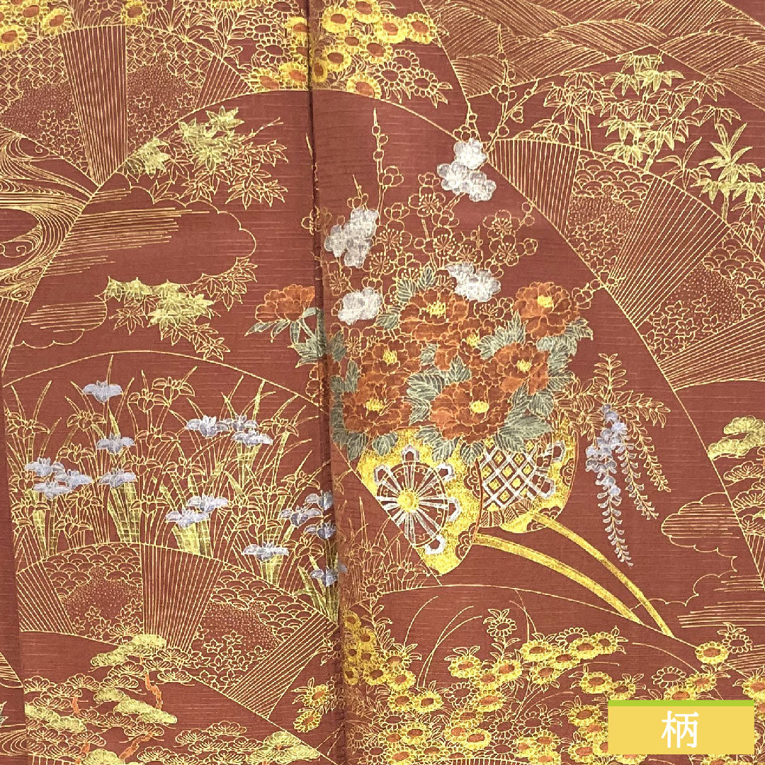 Homongi, pure silk, lined, length 161cm, sleeve length 63cm, azuki color, Kyo-Yuzen, flower cart, auspicious motif, S rank, red, 1112004302412
