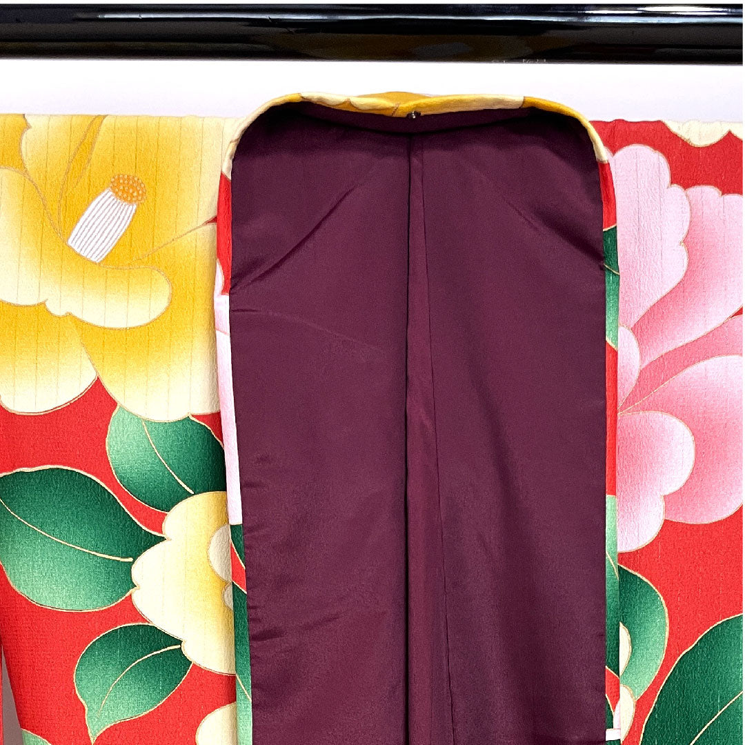 振袖 身丈168cm 裄丈67.5cm 袷 紅色 洗える着物 椿 ポリ Sランク 朱系 1113001072516