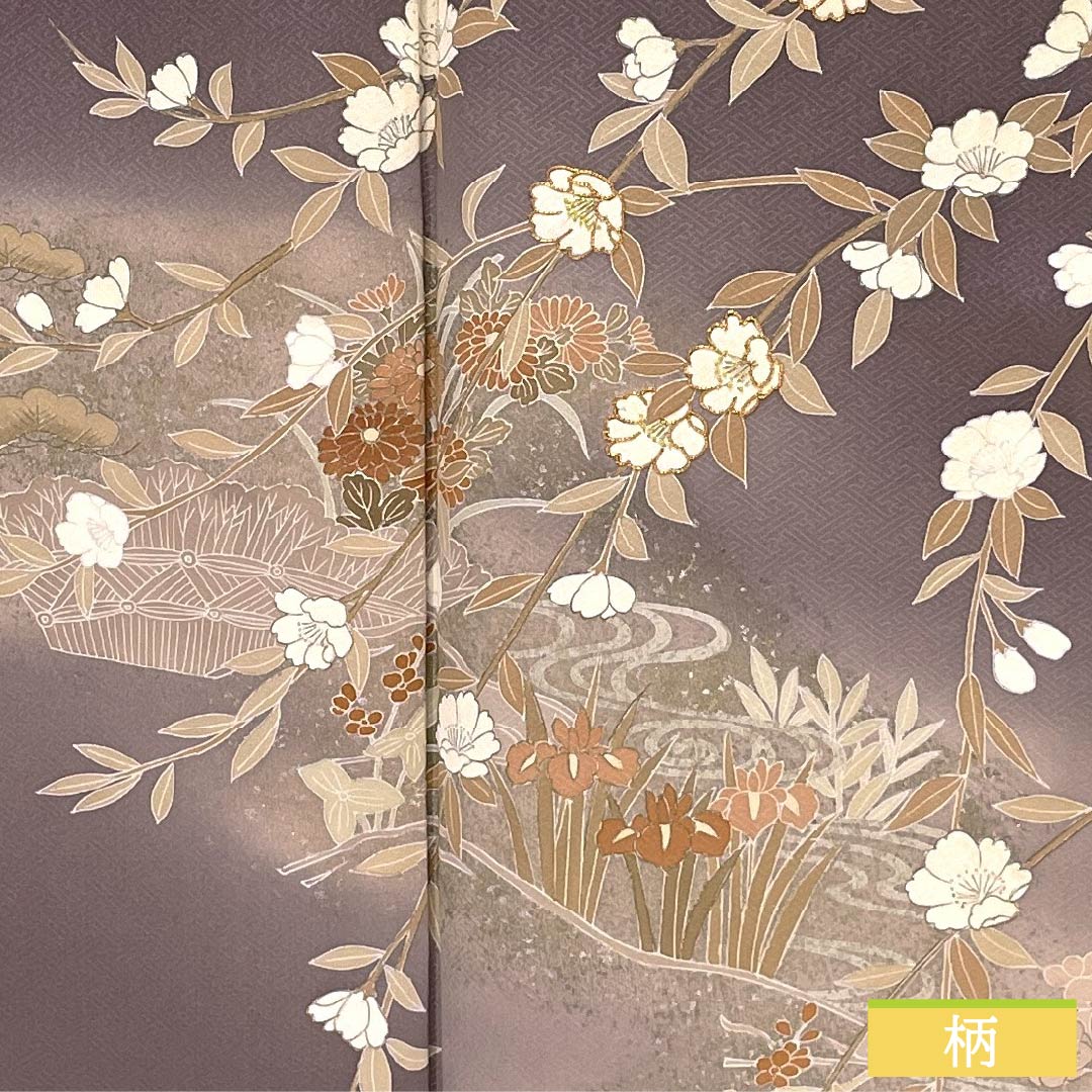 Formal kimono, pure silk, rank B, lined, length 164cm, sleeve to sleeve 64.5cm, reddish gray, Kyo-Yuzen, one crest, plants, purple tones, 1112007044420