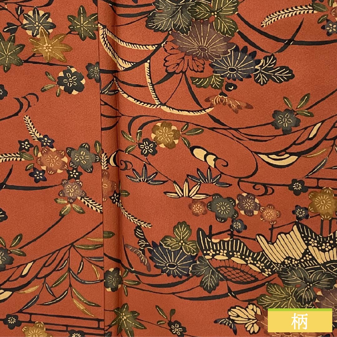 Small-patterned kimono, polyester, S rank, length 169.5cm, sleeve length 67cm, lined, scarlet copper (hidoushoku) color, stencil-dyed floral pattern, with basting thread, washable, brown, 1115007112514