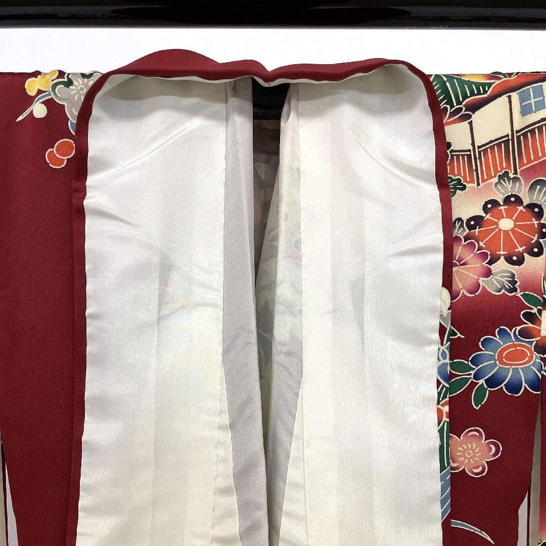 Long-sleeved kimono, length 167cm, sleeve length 66cm, lined, Kyoto Bingata, Chayatsuji pattern, pure silk, A rank, red, 1113000103512