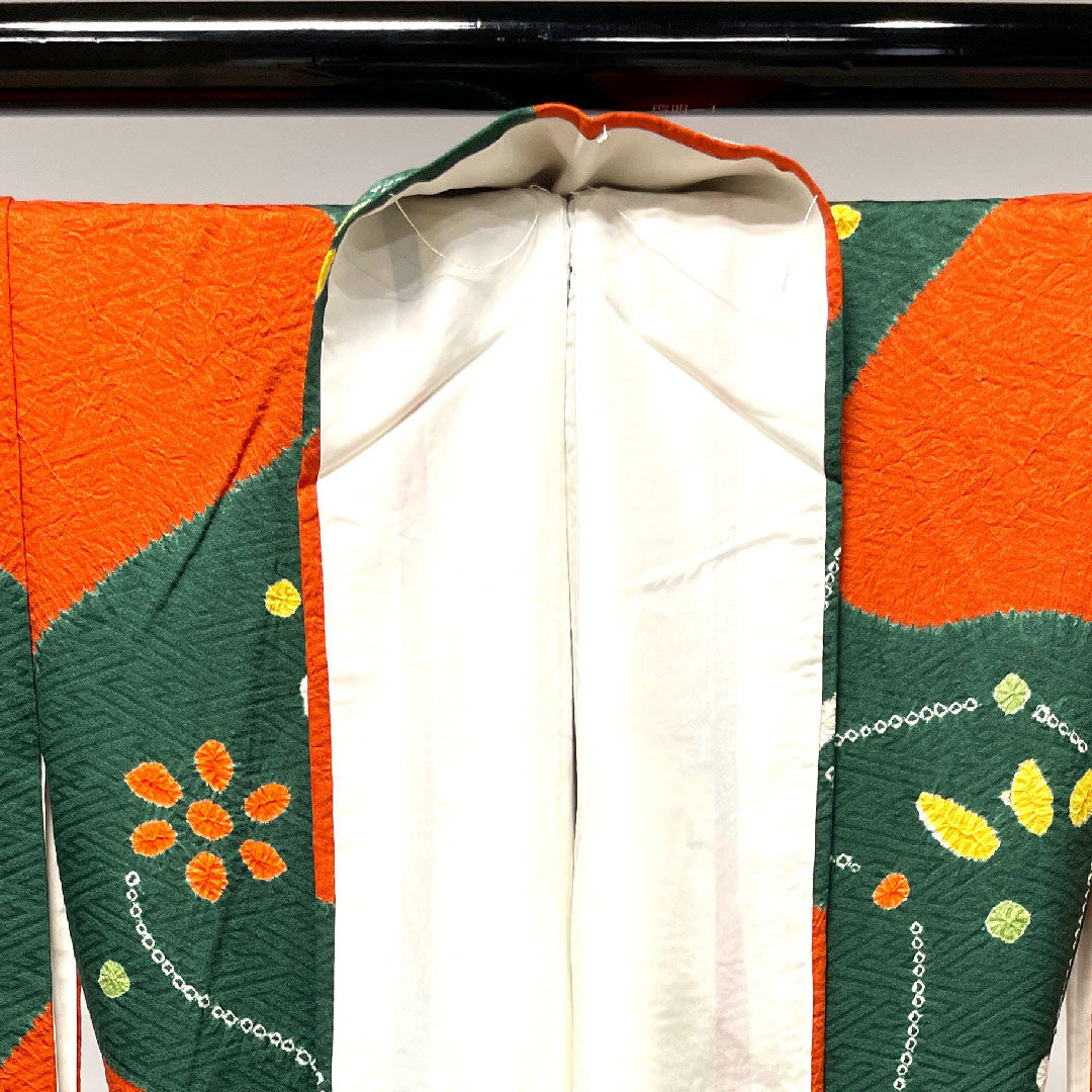 小紋 身丈157cm 裄丈64cm 袷 天鵞絨色 絞り 抽象模様 正絹 Aランク 緑系 1115002963319