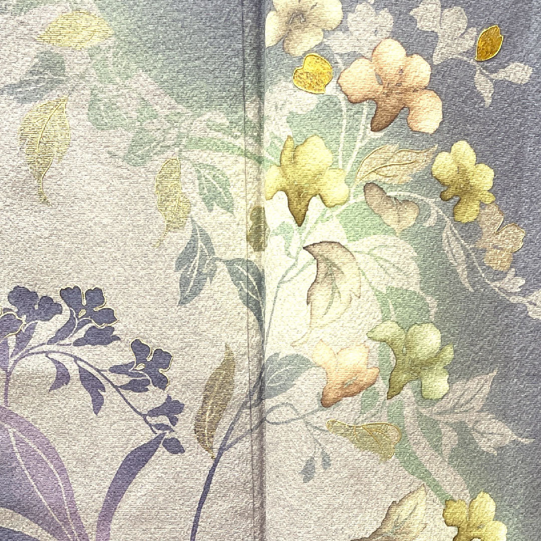 Homongi, lined, length 156cm, sleeve length 64cm, with basting thread, unused, sousui gray, Kyo-Yuzen, artist's work, floral pattern, pure silk, S rank, gray 1112002582322