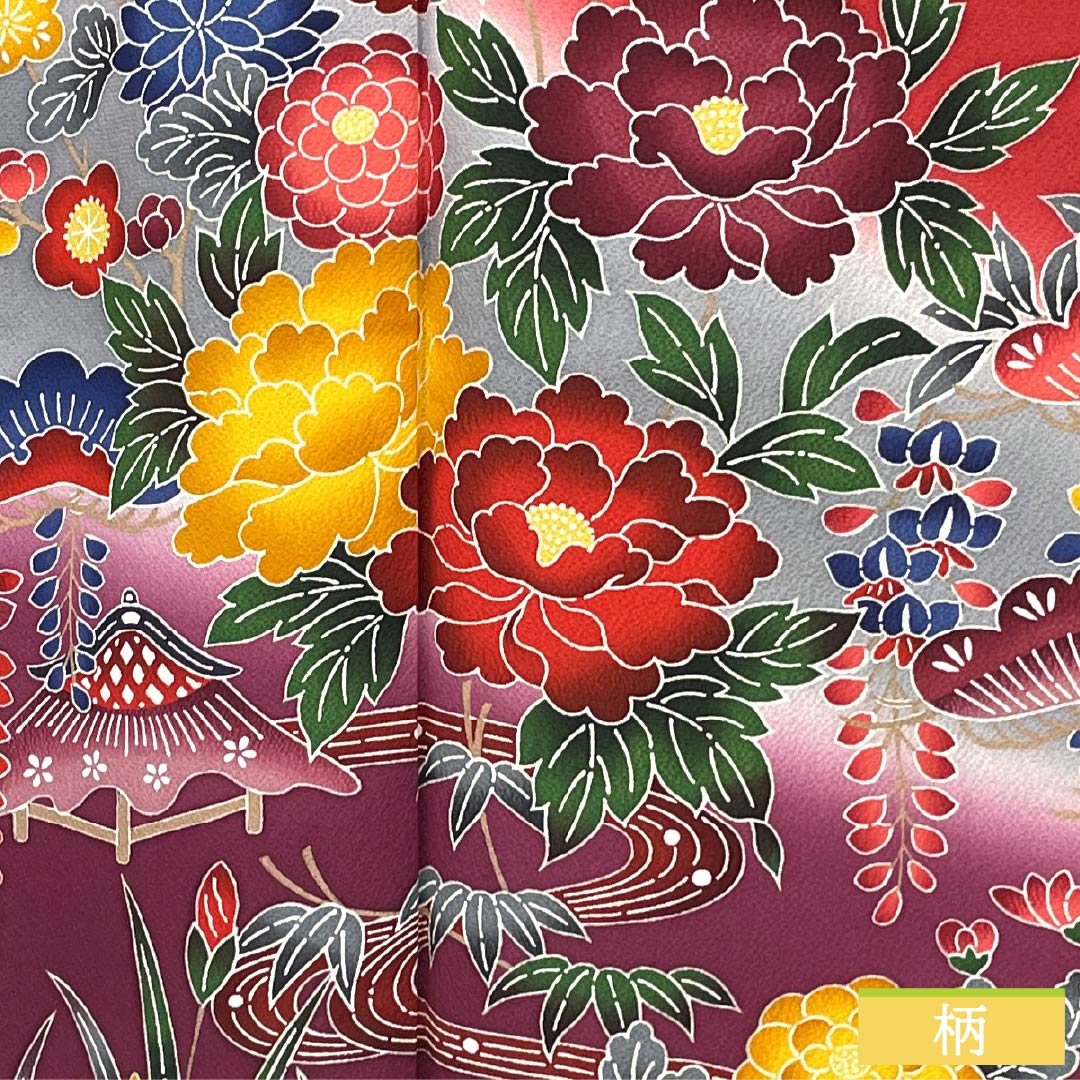 Furisode Pure Silk S Rank Length 157.5cm Sleeve-to-sleeve 65.5cm Lined Crimson Kyoto Bingata Auspicious Motifs Pine Cherry Red 1113002312312