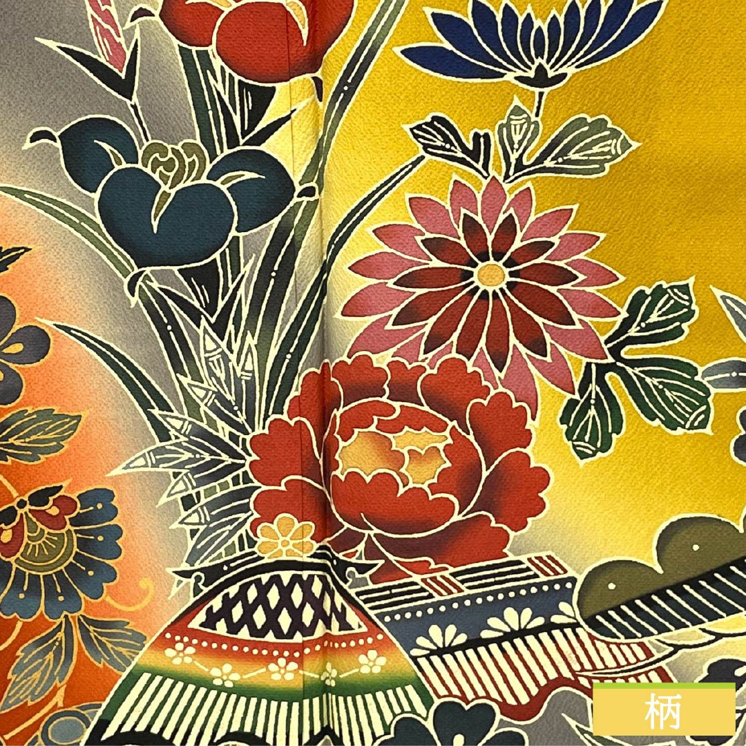 Furisode Pure Silk S Rank Length 164cm Sleeve-to-sleeve 67cm Lined Wheat-colored Kyoto Red Dye Auspicious Design Butterfly Pine Pearl Tone Processing Orange system 1113002332426