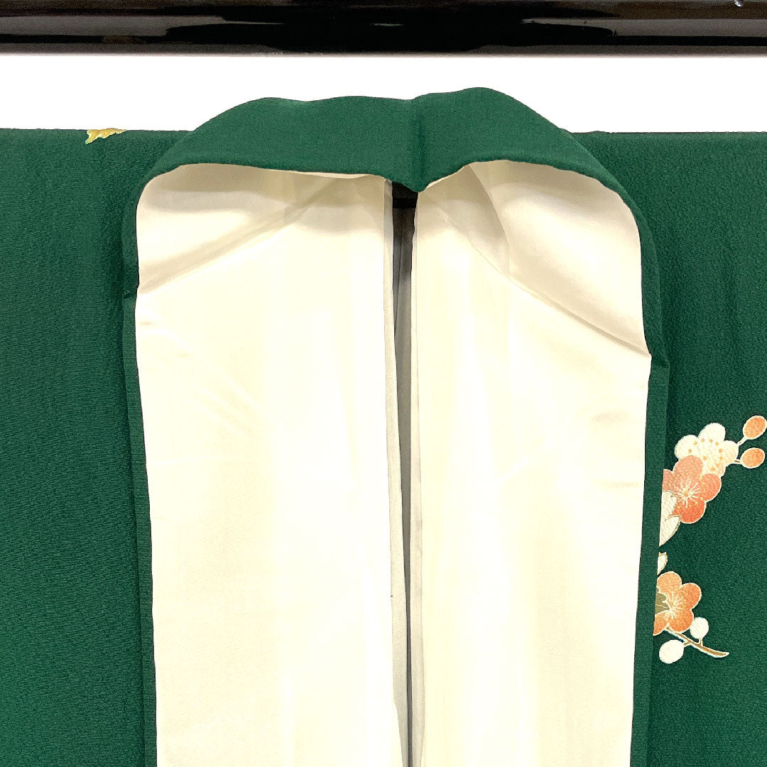 Long-sleeved kimono, length 165cm, sleeve length 65cm, lined, Imperial carriage and flower pattern, pure silk, S rank, green, 1113000502519