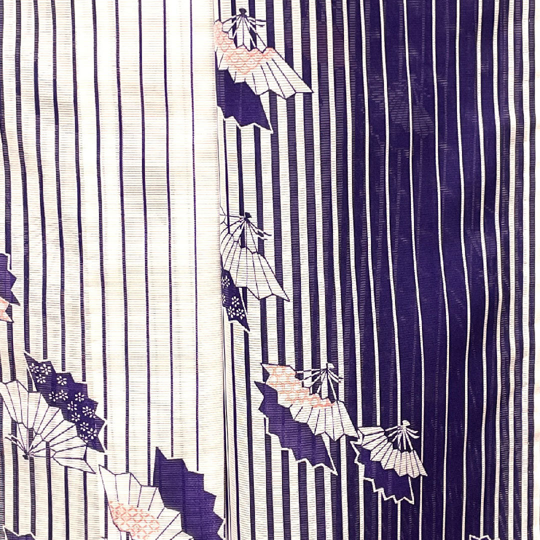 Summer kimono, polyester, small pattern, length 162.5cm, sleeve length 62cm, washable kimono, fan, stripes, silk, S rank, gradation style, 1132000712499