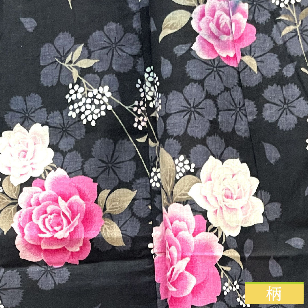 浴衣 木綿 身丈159cm 裄丈64.5cm Bランク 単衣 黒系 薔薇 カスミソウ 桜 1118004554310
