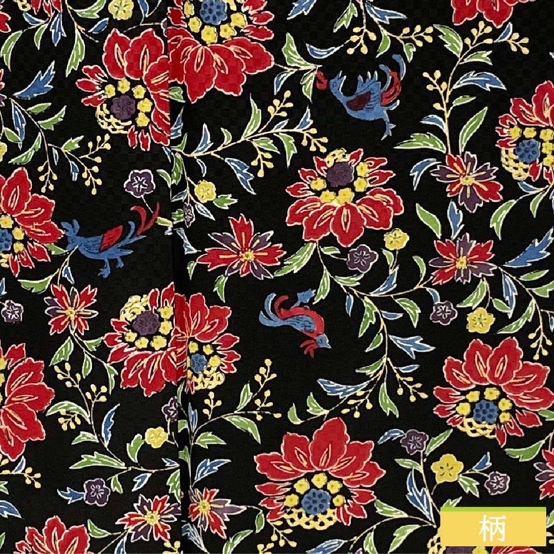 Komon (small pattern) kimono, pure silk, A-rank, length 160.5cm, sleeve length 66cm, lined, floral and bird motifs, black with basting thread, product number 1115007073410
