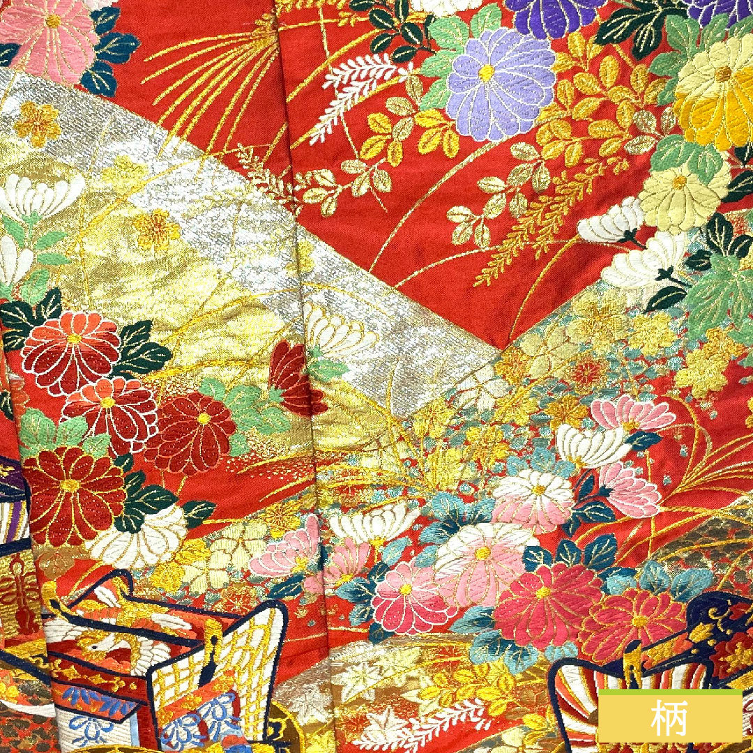 色打掛 正絹 身丈188.5cm 裄丈67cm 洋紅色(ようこうしょく) 御所車 吉祥文様 Sランク 袷 赤系 1110000792912
