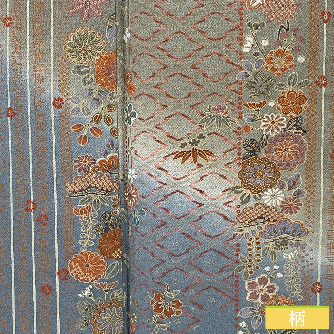 訪問着 正絹 袷 身丈160.5cm 裄丈65.5cm 利休鼠色(りきゅうねずみいろ) 型染 縞 花柄 Sランク グレー系 1112006042422