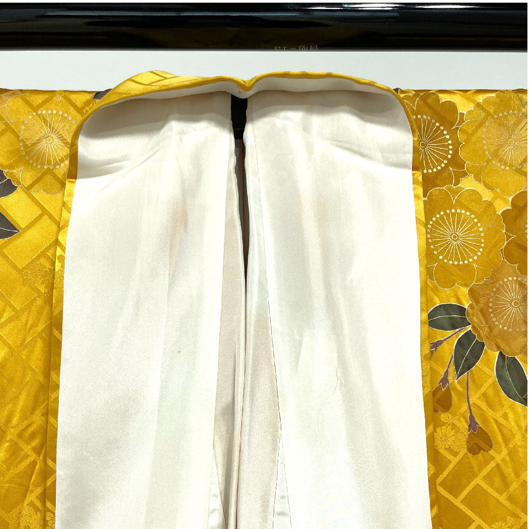 訪問着 袷 身丈165cm 裄丈68cm 櫨染色 鴛鴦 梅 振切り 正絹 Sランク 黄系 1112001602523