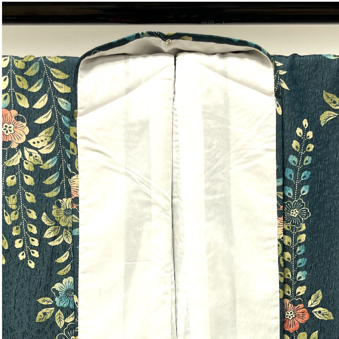 小紋 身丈161cm 裄丈64.5cm 袷 鉄色 洗える着物 辻ヶ花 ポリ Sランク 緑系 1115002612419