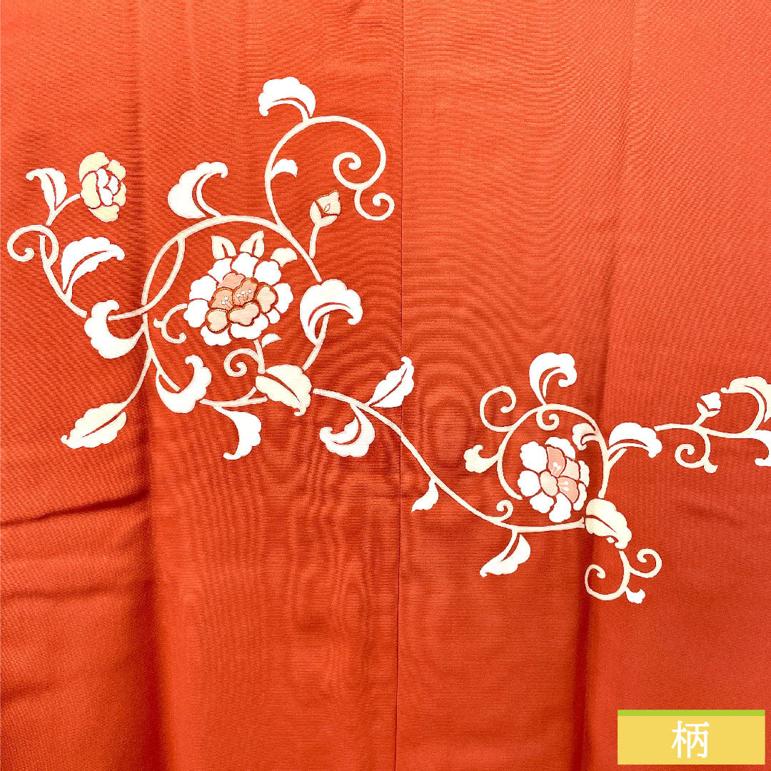 Michiyuki coat, pure silk, length 90.5cm, sleeve length 68cm, benigara color, pearl tone processing, Kyo-Yuzen, floral pattern, S rank, lined, vermilion, 1117000802916
