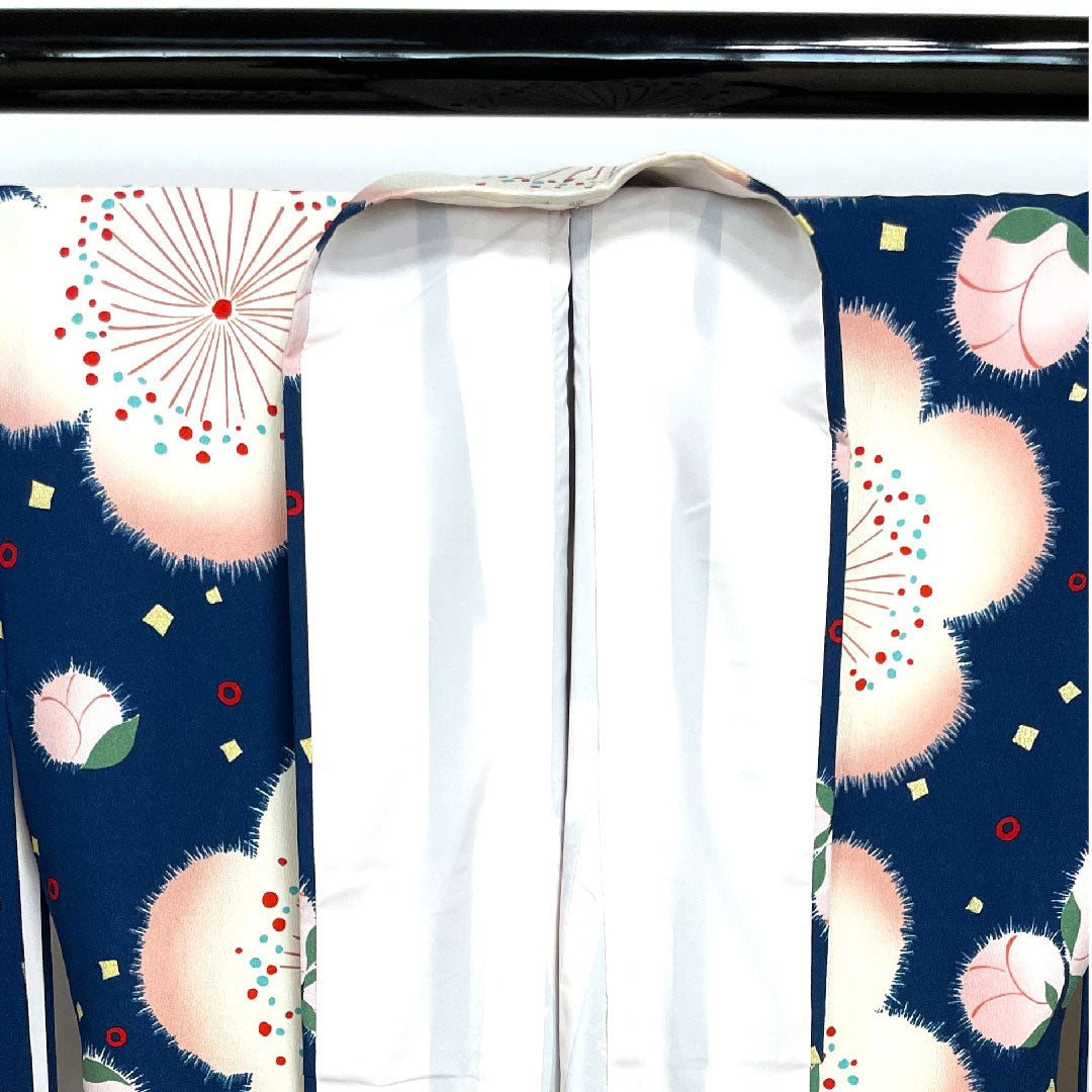 振袖 身丈170cm 裄丈67cm 袷 濃藍色 洗える着物 桜 ポリ Sランク 紺系 1113000992618