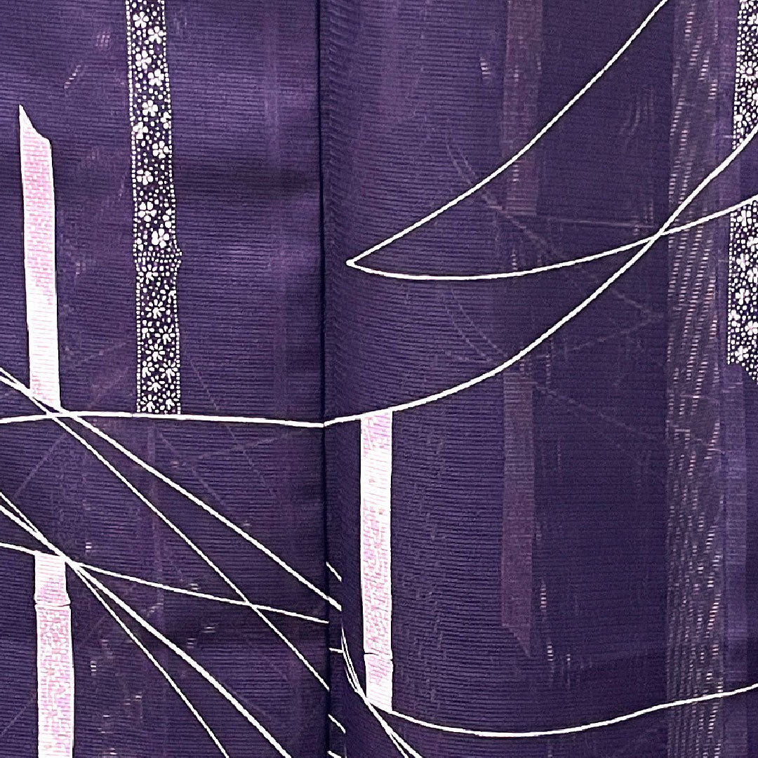 Summer item, polyester, small pattern, length 158.5cm, sleeve length 60.5cm, purple navy blue, bamboo, basting thread included, unused item, silk gauze, S rank, purple, 1132000942320