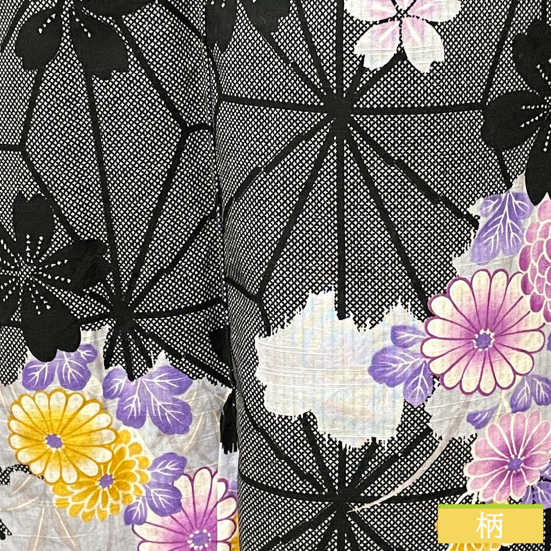Yukata Cotton Length 160cm Sleeve length 64cm S rank Single layer Black Hemp leaf Chrysanthemum Cherry blossom 1118004532410