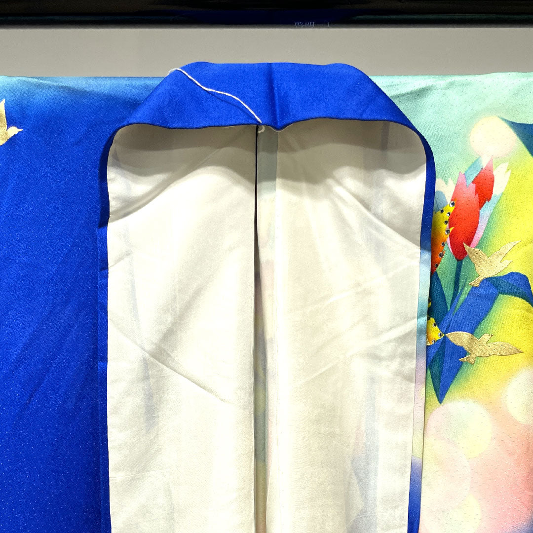 振袖 身丈176.5cm 裄丈64cm 袷 瑠璃色 花鳥模様 正絹 Bランク 紺系 1113001484818
