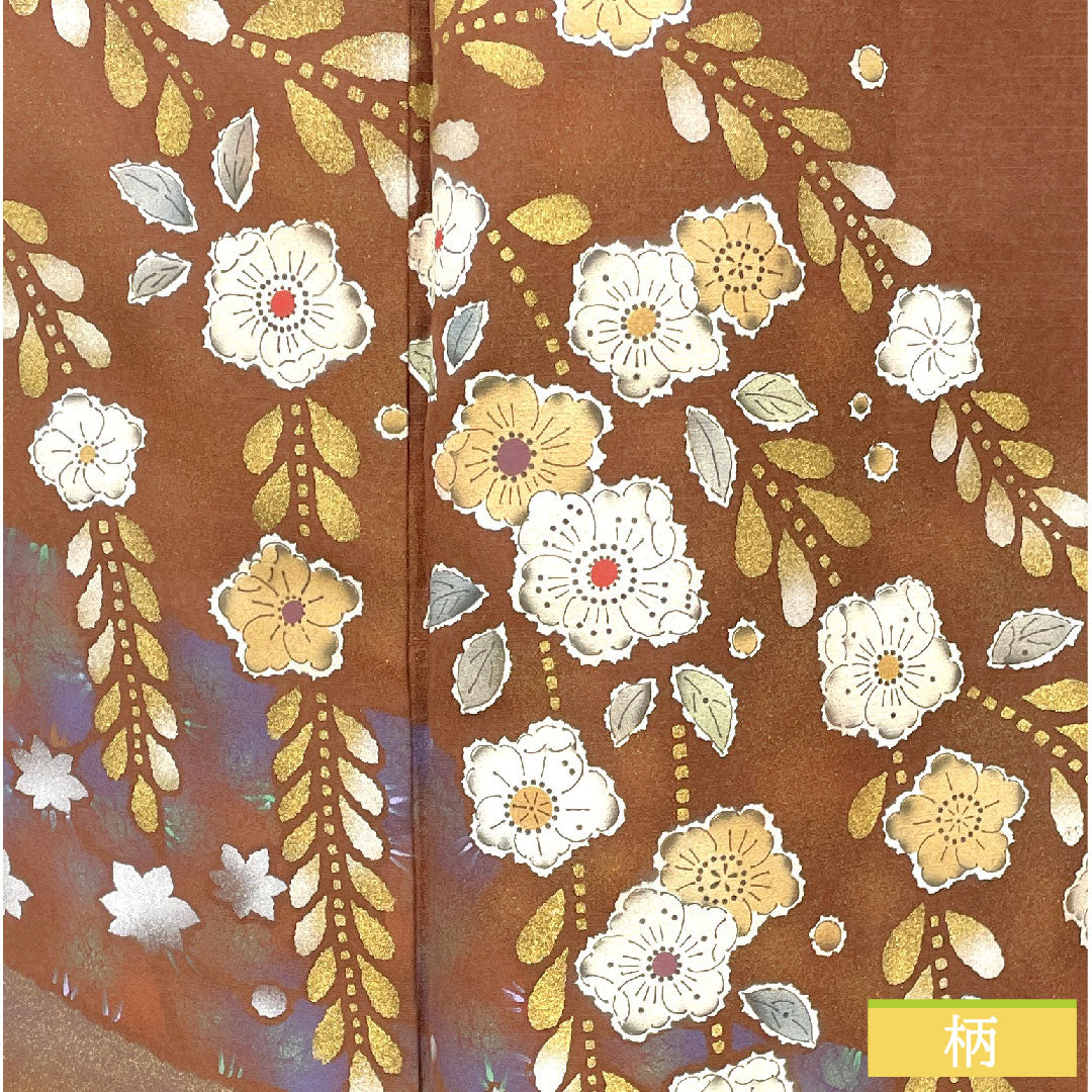 Homongi, pure silk, lined, length 163.5cm, sleeve length 68cm, chestnut color, Tsujigahana, one crest, Nakainkenkatabami, A rank, brown, 1112004913414