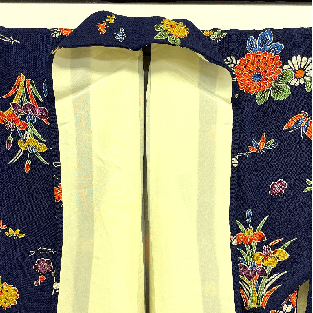 小紋 身丈154cm 裄丈66cm 袷 型染 松竹梅 花模様 正絹 Aランク 紺系 1115001213218
