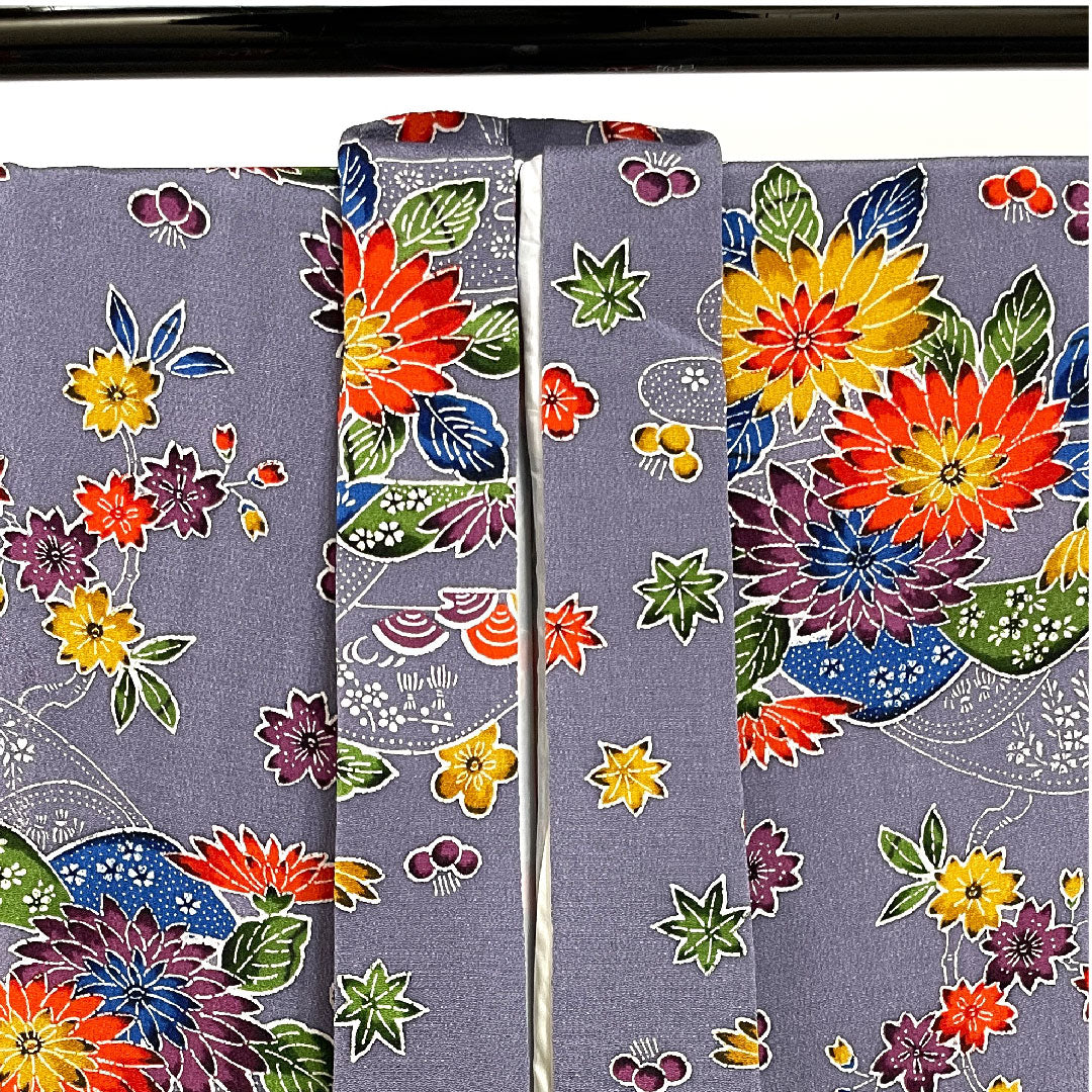 小紋 身丈158cm 裄丈66.5cm 袷 藤鳩羽色 型染 菊 正絹 Aランク 紫系 1115002413320