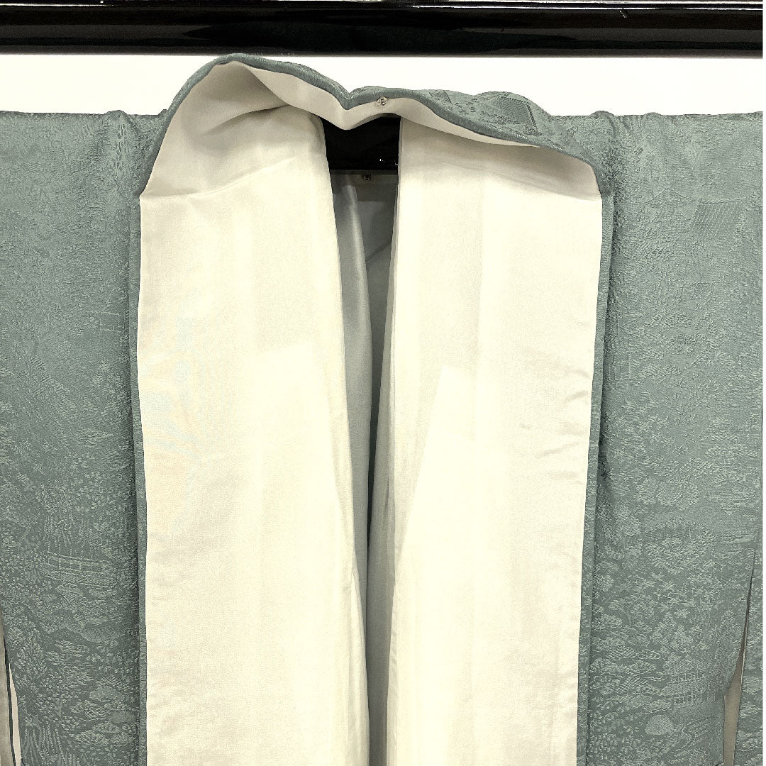 Plain color, Kotobukiori, Temple scenery pattern, Sword and katabami, Length 162cm, Sleeve length 64cm, Lined, Pure silk, S rank, Blue, 1114000302317