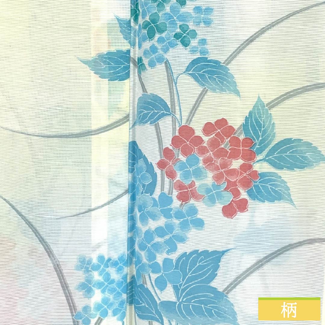 夏物 ポリエステル 小紋 Aランク 身丈159.5cm 裄丈63cm タタキ染 型染 紫陽花 洗える着物 絽 黄系 1132004943323