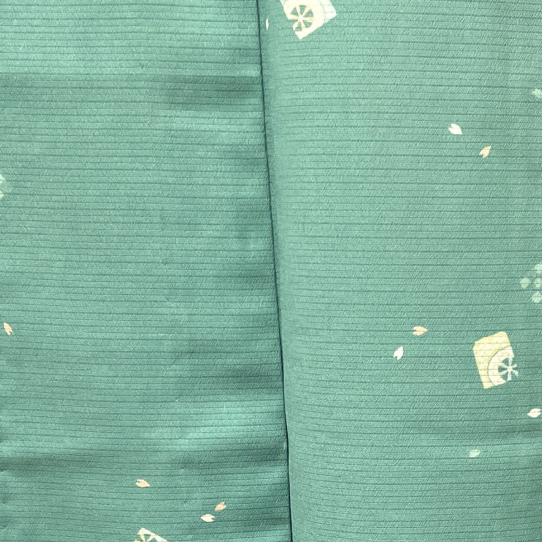 Summer kimono, polyester, small pattern, length 158.5cm, sleeve length 62cm, flower green-blue color, washable kimono, cherry blossom petals, silk, S rank, green, 1132001692319