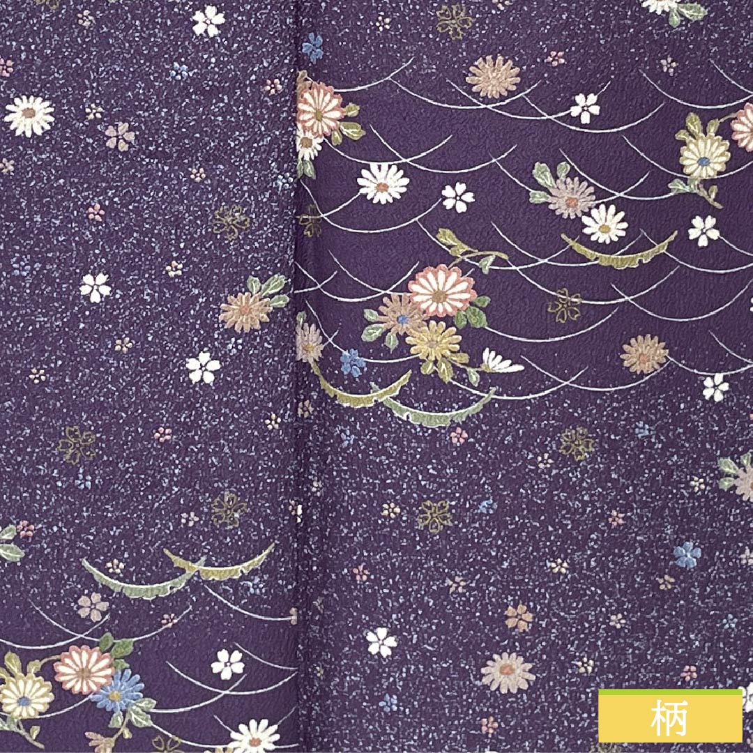 Komon (small pattern) polyester kimono, A rank, length 158cm, sleeve length 64.5cm, lined, deep purple (Fukaki Murasaki Iro) with small flowers and dew grass, washable, purple 1115006973320