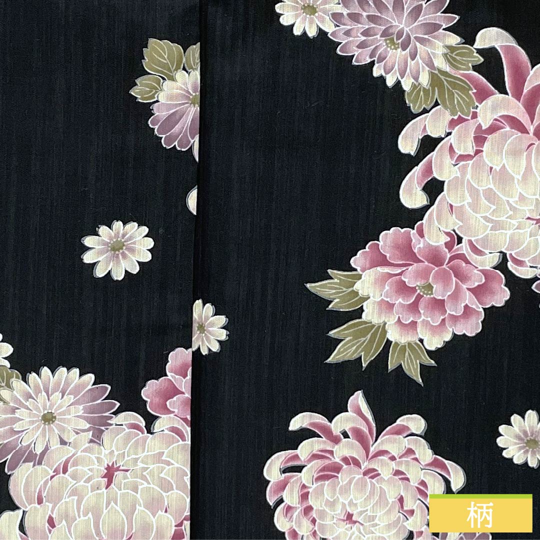 Cotton Yukata, Length 164cm, Sleeve Length 69.5cm, S Rank, Single Layer, Black, Chrysanthemum Design, 1118006282410