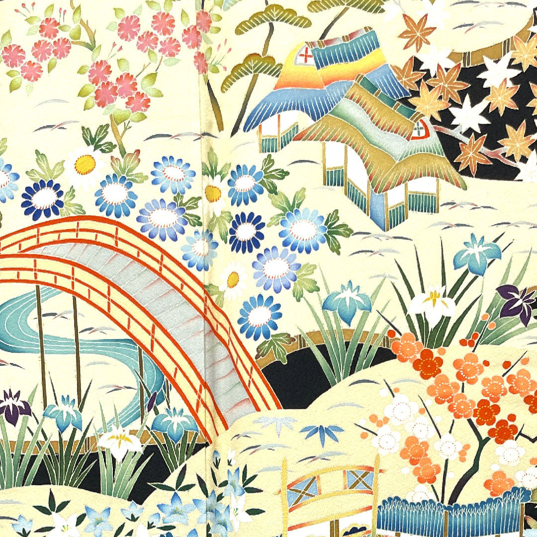 Black Tomesode, Length 154.5cm, Sleeve Length 62cm, Awase, Kyoto Yuzen, Landscape Pattern, Thread Ring and Peeking Mokko, Pure Silk, A Rank, Five Crests, Black, 1111000883210