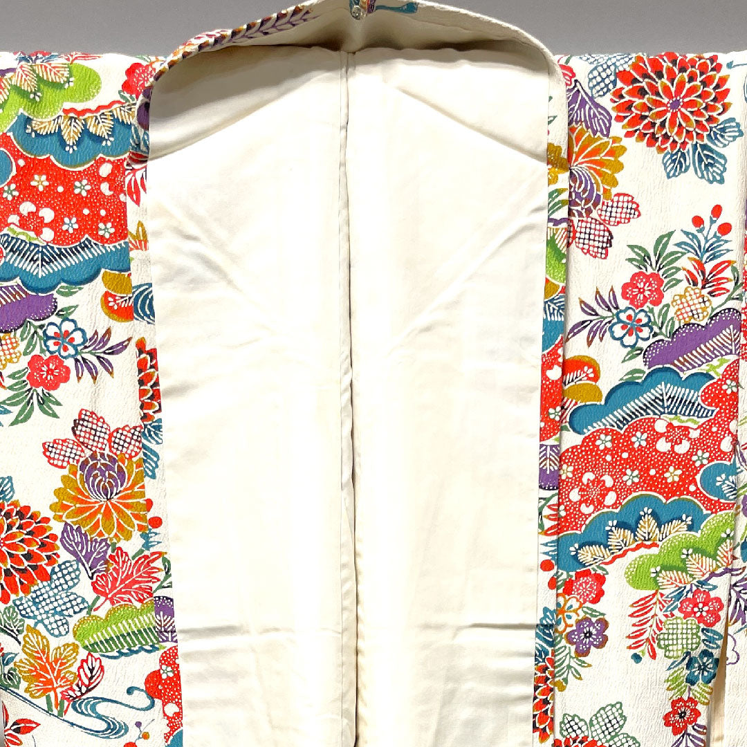 小紋 身丈156cm 裄丈62cm 袷 乳白色 型染 草花模様 正絹 Aランク 白系 1115002853311