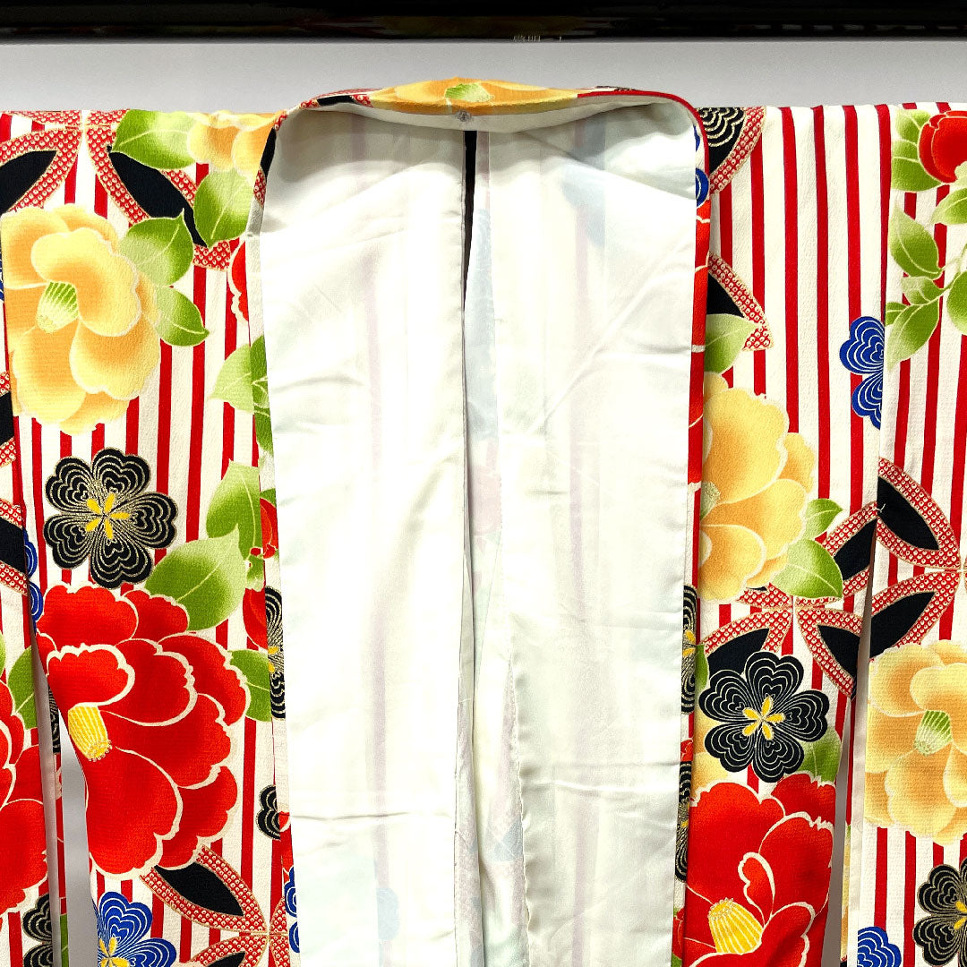 Long-sleeved kimono, length 171.5cm, sleeve length 68cm, lined, milky white, washable kimono, camellia, poly, S rank, cream color, 1113001342615