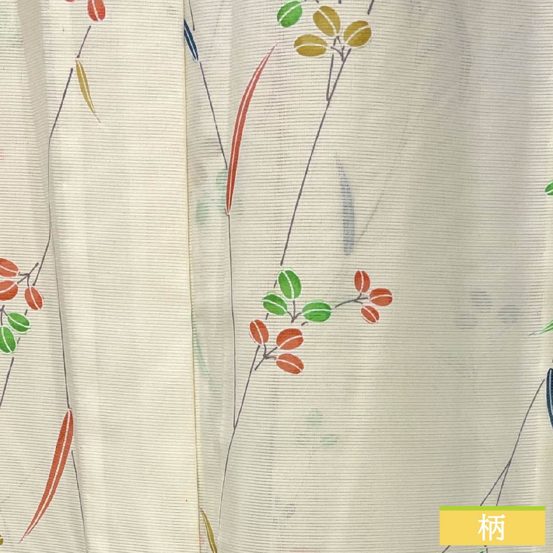 夏物 ポリエステル 小紋 Aランク 身丈163.5cm 裄丈64cm 白百合色(しらゆりいろ) 草花模様 絽 黄系 1132004513423