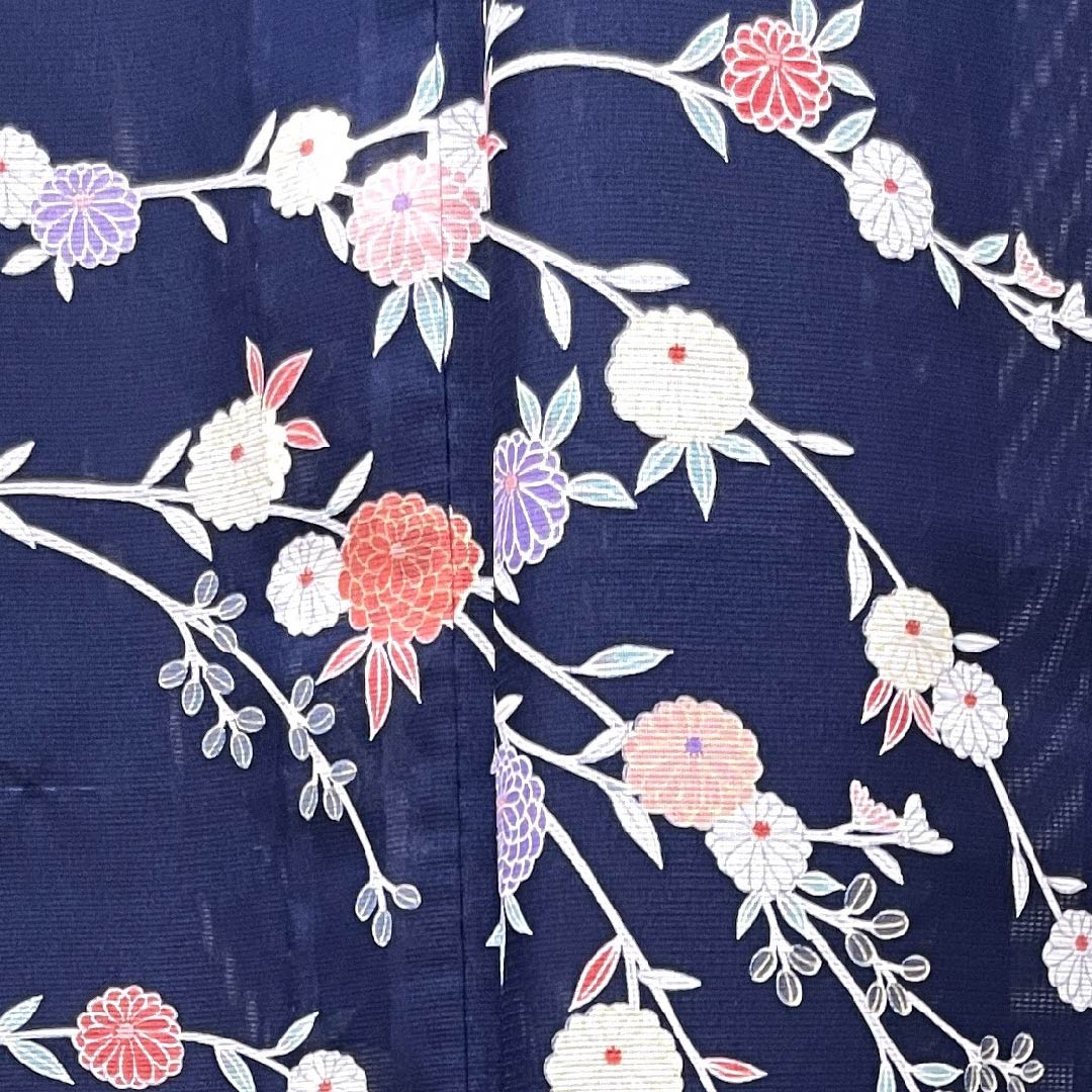 Summer polyester formal kimono, length 156.5cm, sleeve length 65cm, dark blue, chrysanthemum, silk, S rank, navy blue, 1132000102318