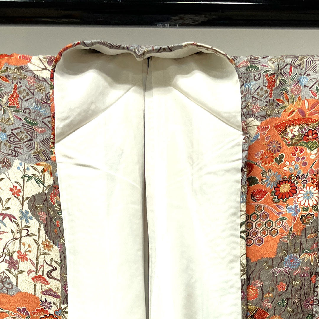 Komon, Length 164.5cm, Sleeve length 63cm, Awase, Neri-iro, Floral pattern, Pure silk, S rank, Cream color, 1115002832415