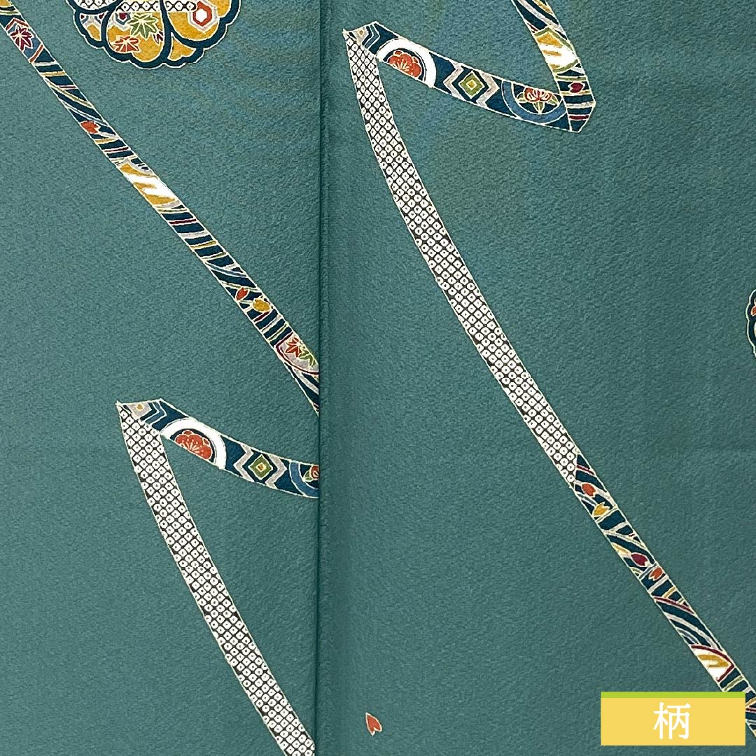Komon, pure silk, length 152.5cm, sleeve length 64.5cm, lined, Yamaaizuuriiro (Yamaaizuri-iro), stencil dyeing, noshi (Japanese traditional wrapping paper), floral pattern, Scotchgard, B rank, green, 1115005484219