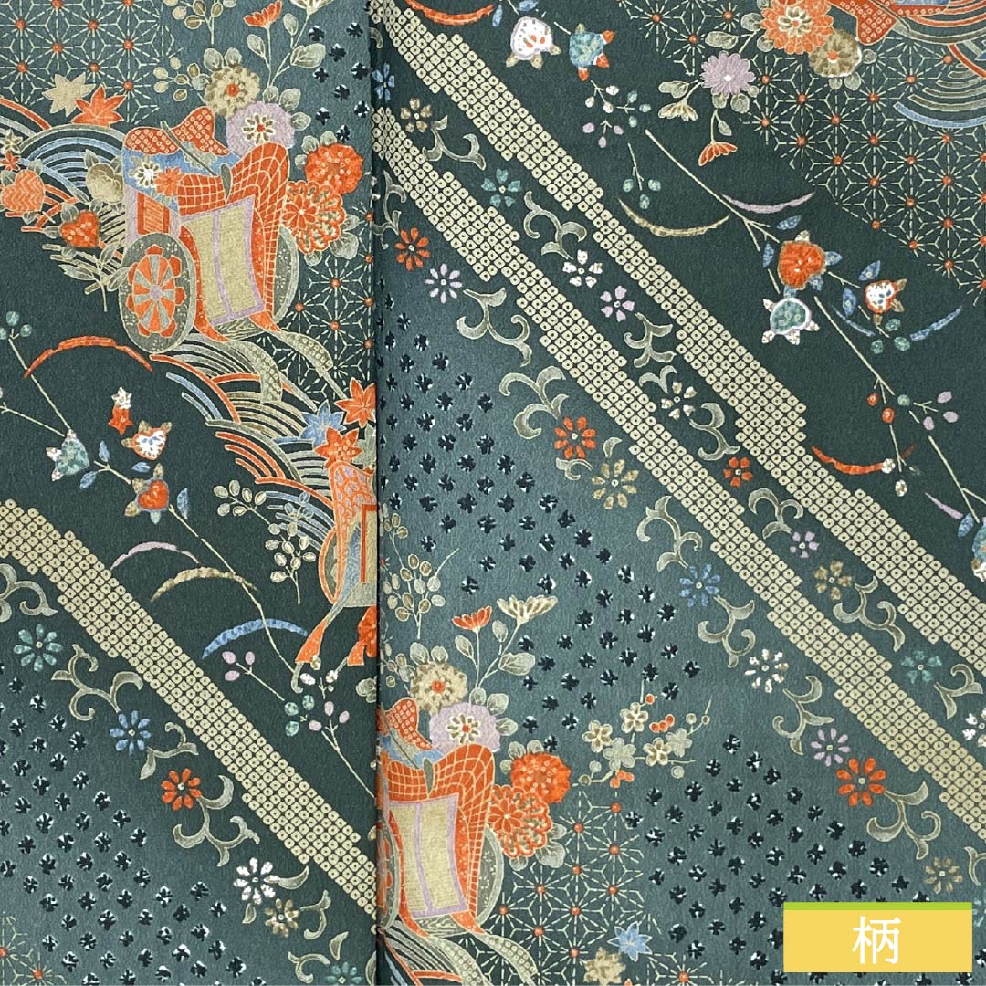 Small-patterned kimono, polyester, S rank, length 161cm, sleeve length 64.5cm, lined, iron-colored (Tetsuiro) and iron-colored (Tetsuonandoiro) with a Goshoguruma (imperial carriage) and flower motif, washable, green, 1115007562419