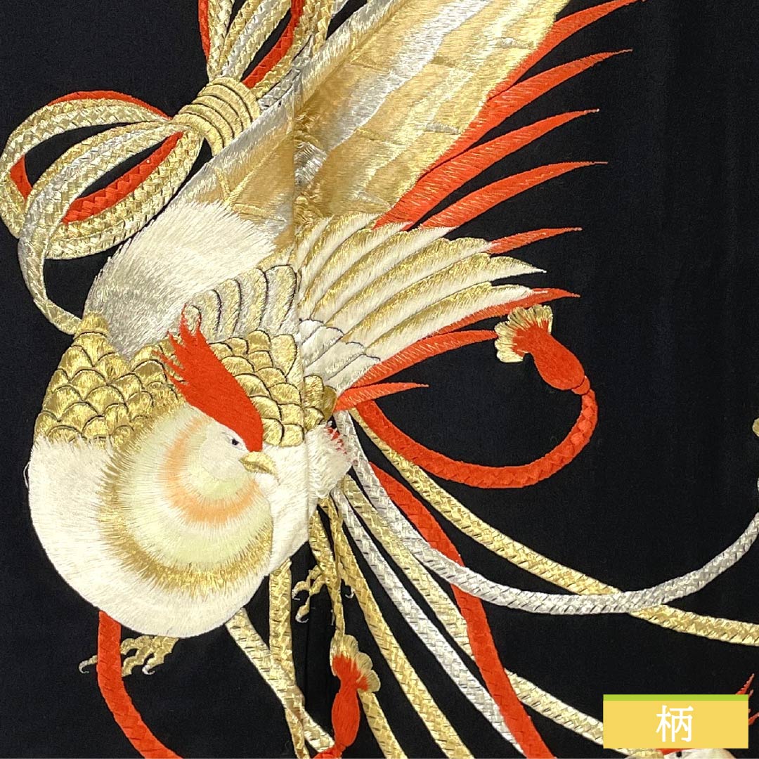 Black Tomesode (Japanese Kimono) - Pure Silk, Grade A, Length 161.5cm, Sleeve Length 64cm, Lined, Five Crests, Swallowtail Butterfly Embroidery, Bird Design, Braided Cord, Black, Item Number 1111001813410