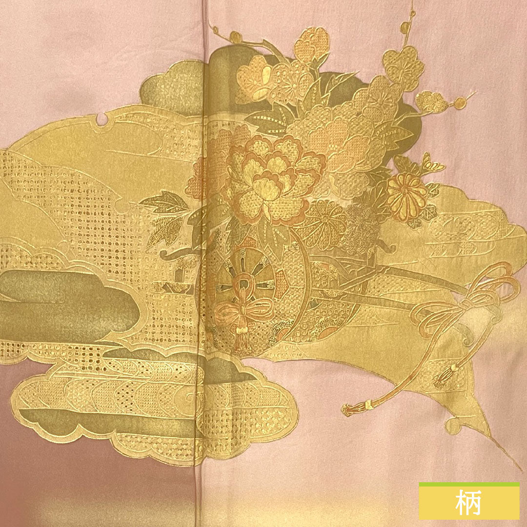Homongi, pure silk, lined, length 156.5cm, sleeve length 62.5cm, modern colors, Kyoto Yuzen, Shantou embroidery, flower cart, S rank, pink, 1112004942313