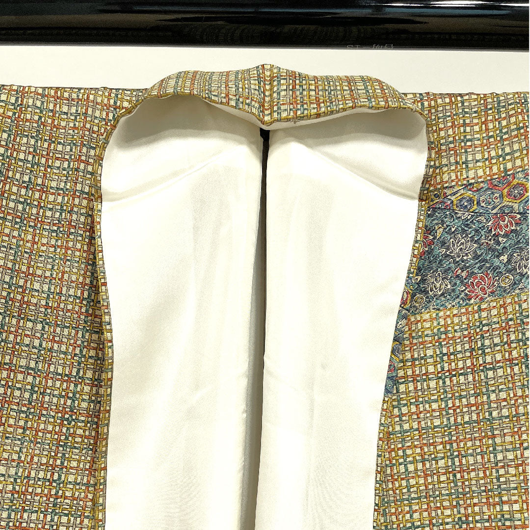 Homongi, lined, length 151.5cm, sleeve length 63cm, chintz pattern, checkered, lacquered color, pure silk, A rank, cream color, 1112001473215