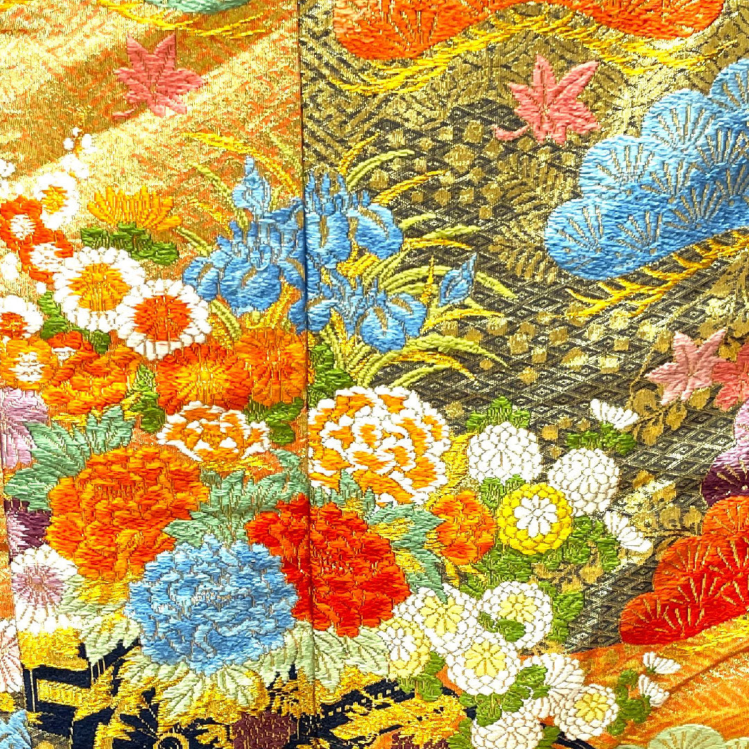 色打掛 身丈195cm 唐織 松 菊 花車 正絹 Sランク 袷 朱系 1110000412916