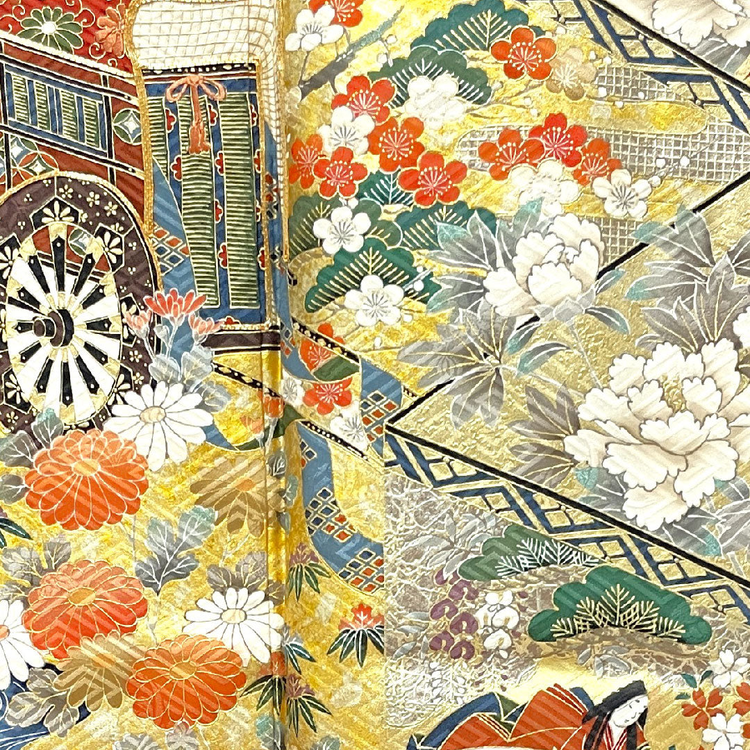 振袖 身丈163.5cm 裄丈67.5cm 袷 甚三紅色 京友禅 御所車 吉祥文様 作家物 正絹 Aランク 朱系 1113001623416