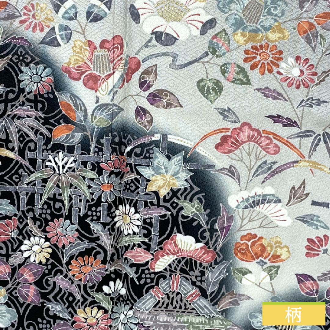 Visiting Kimono, Pure Silk, S Rank, Lined, Length 160cm, Sleeve Length 64cm, Kyoto Yuzen, Wisteria and Cherry Blossom Design, Gray, Product Number: 1112006302422